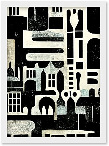 Wee Blue Coo Bold Monochrome Modern Vintage Abstract Geometric Black White Cream Grey Artwork Framed Wall Art Print A4