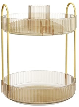 SONGMICS Make-up Organizer drehbar, Kosmetik-Organizer rund, 2 Ebenen, Kosmetik Aufbewahrung, anpassbar, für Schminktisch, Geschenkidee, Champagnergold JKA012A01
