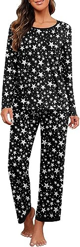 PrinStory Schlafanzug Damen Lange Ärmel Nachtwäsche Zweiteiliger Mit Rundhals Pyjama Set Sleepwear Für Sommer Frühling Herbst Winter Blumendruck (FP Weißer Stern, XXL)