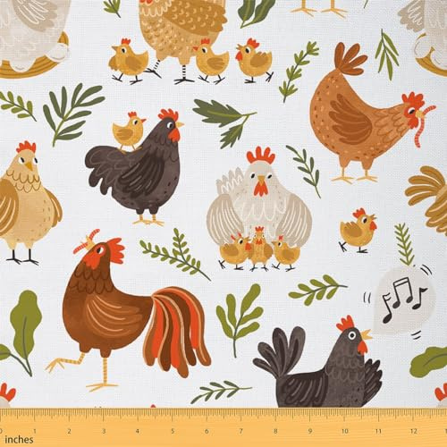 Rustikale Hühner Stoff Durch Den Hof, Hand Zeichnen Hahn Henne Diy Stoff, Grüne Thanksgivingstoff,Herbst,92x150