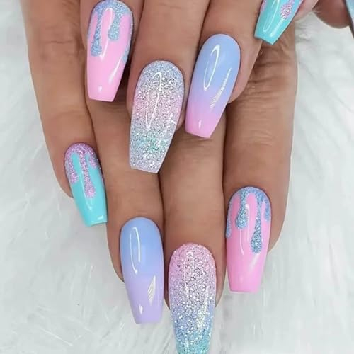 Ceboic 24 Stück Press on Nails Mittel, Macaron Farbe Gradient Nageltips Sarg Künstliche Nägel Full Cover Kunstnägel zum Aufkleben, Französische Acryl Fingernägel Falsche Nägel für Frauen & Mädchen