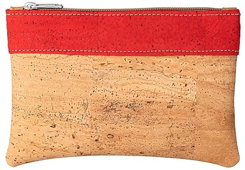 Kleine Kork-Tasche Vegan beige mit rot - kleine Pouch mit roter Absetzung - Etui - großer Geldbeutel - Kosmetiktasche - Portemmonaie - Korkstoff beige