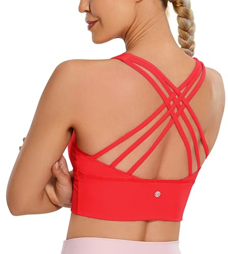 CRZ YOGA Damen Longline Sport-BH Ohne Bügel Gepolstert Bra Top Wirefree Padded Yoga Crop Tops Tiefrot XS