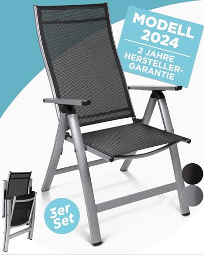 gardisun Hochlehner Gartenstuhl klappbar aus Aluminium, 2-Fach pulverbeschichtet, wetterfest, leicht, 5-Fach verstellbar, Made in EU, 3er Set, Silber