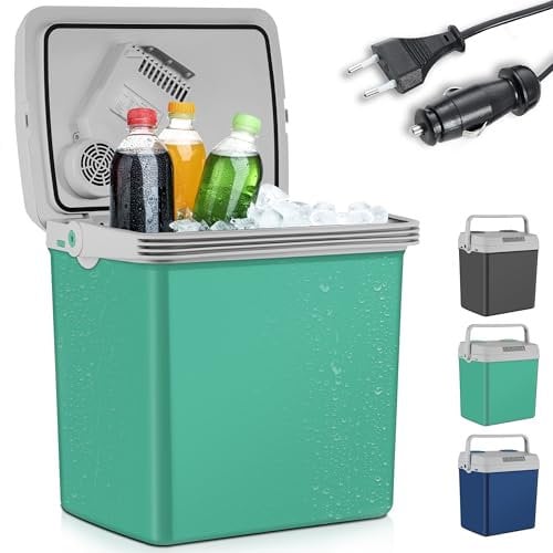 TOM 2in1 XXL Kühlbox 32l Brutto – elektrische Kühlbox – 230V & 12V Strom Anschluss – Elektrisch – für Auto, Camping, Wohnwagen & Co – Grau, Blau & Mint (Grün)