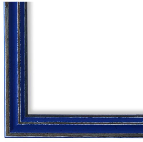 Bilderrahmen Blau 40x60-40x60 cm - mit Museumsglas (entspiegelt) Echt-Glas 70% UV-Schutz Echtholz Rahmen - Shabby Vintage Modern Calw-M