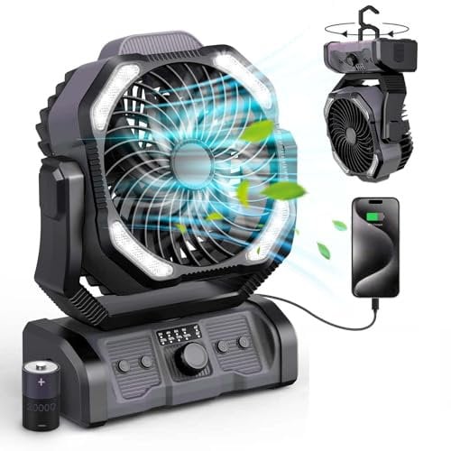 ONLYNEW Portable Camping Fan Rechargeable 20000mAh Battery Operated Oscillating Fan USB C Battery Powered with LED Lantern, Head Rotation,Timer, Remote Auto, Hook for Tents Travel Outdoor Beach Black
