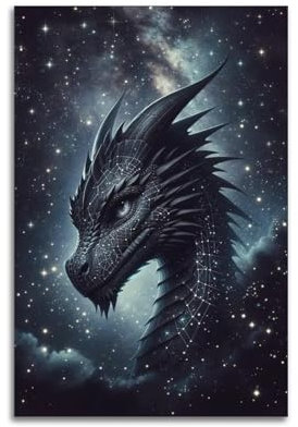 Fantasy Creatures Poster, hübscher und niedlicher kleiner schwarzer Drache im Sternenhimmel, dekoratives Gemälde, Leinwand, Wandposter und Kunstdruck, moderne Familienschlafzimmer-Dekoration, Poster,