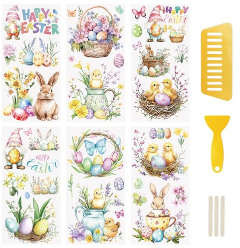 WANDIC 6 Bogen Rub On Sticker Ostern, Frohe Ostern Deko Ostereier Osterhasen Wasserdicht Aufkleber Farbe Handarbeiten Rub Ons Frühling Aufkleber für Glas Keramik Holz Möbel, 15x30cm