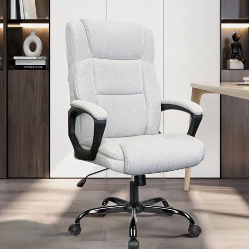 BASETBL Executive Office Chair, Comfy Fabric Computer Chairs with Padded Cushion, High Back Ergonomic Height Adjustable and Soft Armrests, Reinforced Desk Chairs for Home Business Swivel Chair Grey