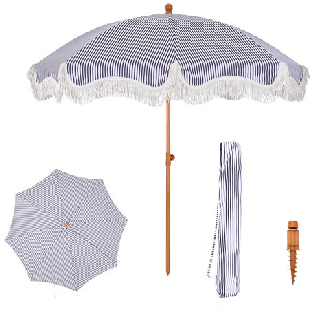 PHI VILLA Beach Umbrella 2M, Portable Fringed Garden Parasol with Ground Drill, Boho Patio Umbrella Round with Carry Bag, Outdoor UV Sun Shade Wind Resistant for Balcony, UPF 50+, Navy Stripes