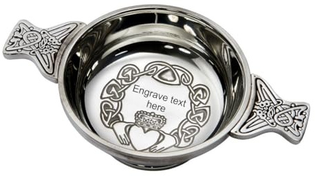 Große Claddagh Quaich-Schale aus Zinn mit Gravur