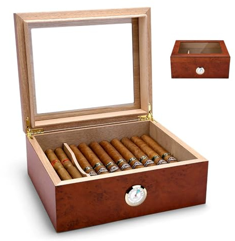 HGTRH Cigar Humidors, Cedar Wood Cigar Case with Divider Tempered Glass Top Display Humidifier and Hygrometer Storage 30 Cigars