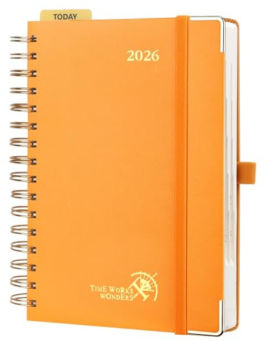 POPRUN Kalender 2026 Tagesplaner 21,5 x 14,5 cm, Tageskalender A5 1 Tag 1 Seite (Montag - Sonntag), Terminplaner (Jan.2026-Dez.2026) Ringbuch mit Hardcover, Plastiklineal - Orange