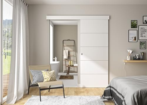 OPTIMUM Kit Porte Coulissante Intérieure avec Rail 83x204 cm – Bois Blanc 4 Bandes – Rail Porte Coulissante Discret avec Cache – Amortisseurs et Guides au Sol – Facile à Installer