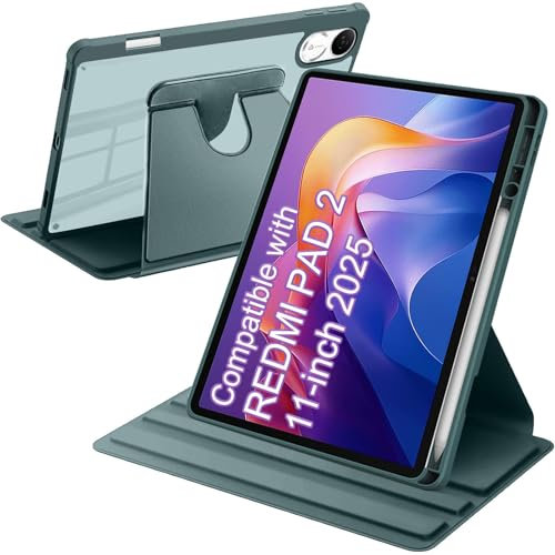 A-BEAUTY Funda Giratoria Compatible con con Xiaomi Redmi Pad 2 11 Pulgadas 2025 Soporte para Bolígrafo, Rotación de 360° Respaldo Clara, Auto-Sueño/Estela, Verde Oscuro