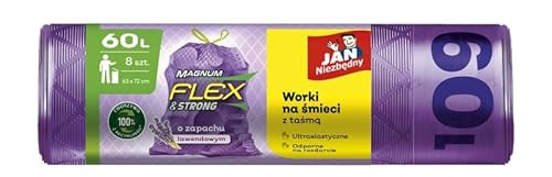 JAN NIEZBĘDNY Magnum Flex Lot de 8 sacs poubelle avec ruban adhésif pour la maison, le bureau, le travail, recyclés, durables, résistants à la déchirure, 3 couches, 60 l, lavande