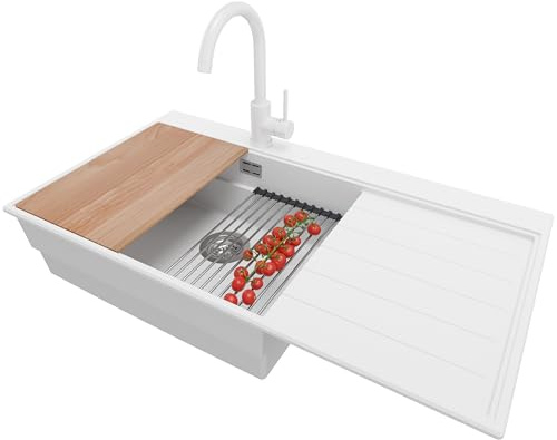 PRIMAGRAN Granitspüle ab 60er Unterschrank + Küchenarmatur, 90x50cm | Set: Küchenarmatur BW5010 + Ablauf-Set (Siphon, Ablaufgarnitur, Überlauf) + Spülbecken 1 Becken - Sydney Ergo, Weiß