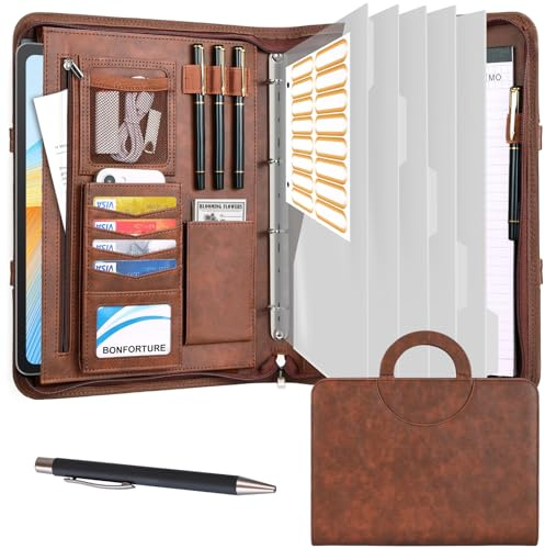 BONFORTURE Schreibmappe A4 mit 5 Klarsichthüllen, Konferenzmappe mit Griff 4 Ringbuch Reißverschluss Klemmbrett Notizblock Stift, Dokumentenmappe Aktenmappe Ordner für Büro Business Uni Schule Braun