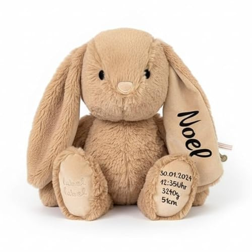 Mainely Personalisiertes Kuscheltier Hase L (Nougat) – weich & waschbar – für Babys & Kleinkinder – mit Namen & Geburtsdaten personalisiert – Label Label