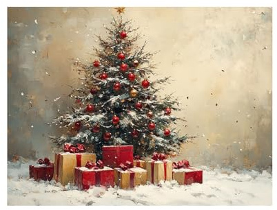 AMXBZC Winter Weihnachten Bilder Vintage Weihnachtsbaum Geschenke Groß Deko Schlafzimmer Aesthetic Leinwandbilder Wohnzimmer Gemälde Geschenk -Geschenke(rot)-60x90cm Ungerahmt