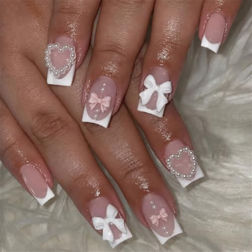 Press On Nails Square - Cute Press on Nails Short - Love White Bow Square False Nails - Removable Glue-on Nails Tips for Christmas Valentine's day Women Girls Nail Art Accessories