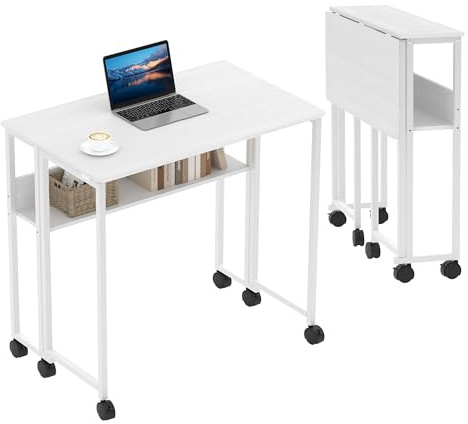 Garvee Schreibtisch Faltbar 80cm, Computertisch mit Rollen & Ablage, Platzsparender Klapptisch für Home Office & Kleine Räume, Montagefrei, Weißer Arbeitstisch, Stabil bis 61kg Belastbarkeit
