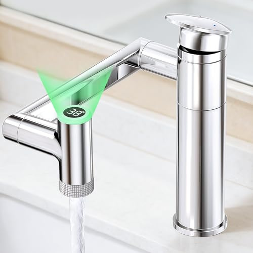 Wasserhahn Bad mit Temperaturanzeige(Batterielos), 1080° Drehbar Einhebelmischer Waschbecken, Höhenverstellbare Badezimmer Wasserhahn, Waschtischarmatur Hoch