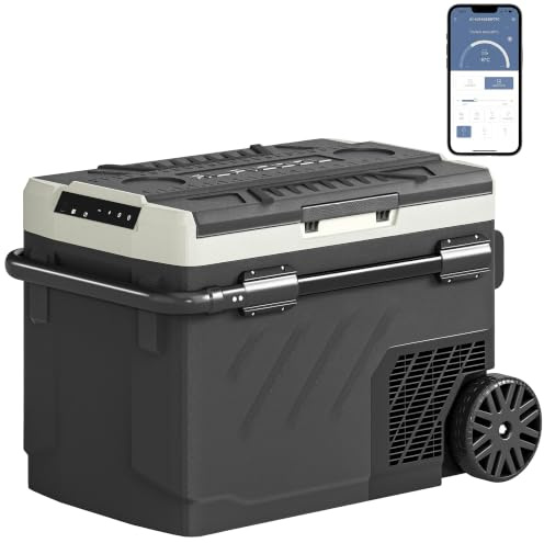Outsunny 40L Compressor Car Fridge Freezer Dual Zone App Control 12V/240V | App Control, Portable Electric Cool Box, Telescopic Handle and Wheels, -20℃-20℃, Truck Campervan RV Boat