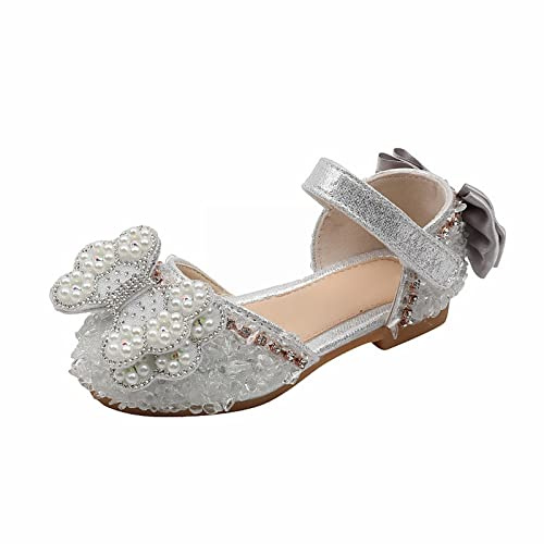 Girls' Children's Sandals 2026 Girls' Dress Shoes, Cute Bow, Mary Jane Shoes, Ballerina with Satin Ankle Band, Elegant Casual Lightweight Slippers, silver, 9 UK