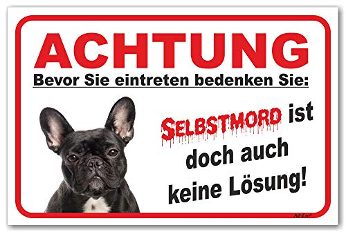 AdriLeo Schild - Vorsicht Schwarze französische Bulldogge - Selbstmord - (15x20cm) / Achtung Hund Wachhund robust langlebig UV-beständig wetterfestes Warnschild