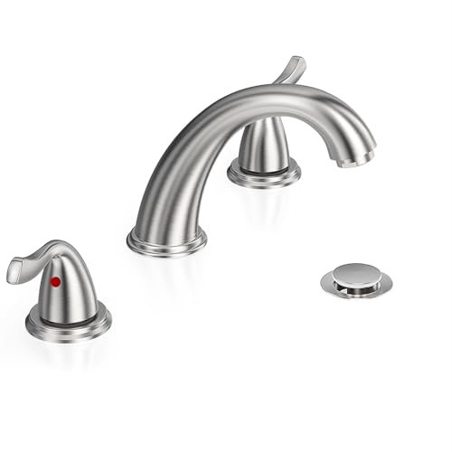 Widespread Bathroom Faucet Brushed Nickel 3 Hole 8 Inch 2 Handle by phiestina, with Stainless Steel Pop Up Drain and Y Shape Hose, WF008-7-BN
