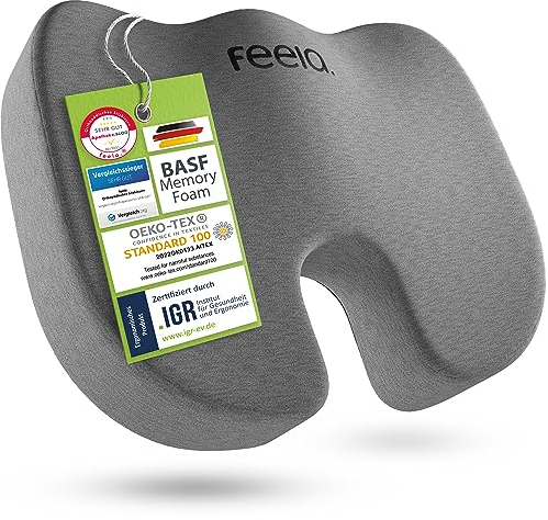 feela.® Orthopädisches Sitzkissen [3 Härtegrade] - Ergonomisches Sitzkissen für Bürostuhl & Co - Wirkt Schmerzreduzierend, Erhöht Sitzkomfort, Fördert Durchblutung und Entlastet das Steißbein (Medium)