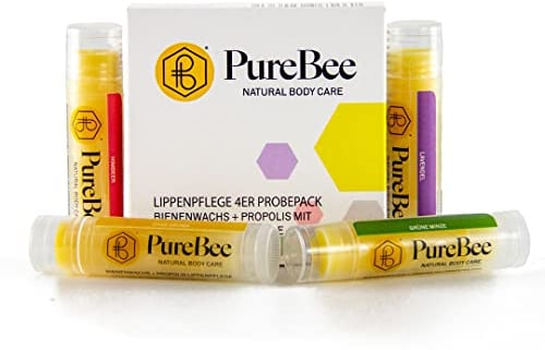 Lippenbalsam mit Bienenwachs & Propolis | Natürliche Lippenpflege handgemacht in Baden-Württemberg | Mit Jojoba-, Avocado- & Aprikosenkernöl | PureBee (Probepack, 4 Stifte)