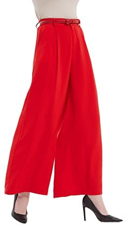 Tronjori Damen Hose Weites Bein Frauen Lange Hose mit Taschen Einfarbig Lose elastische Hohe Taille Freizeithose Business-Arbeitshose für Freizeit Arbeit Büro(L, Rot)