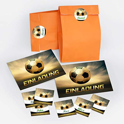 JuNa-Experten 12 Einladungskarten zum Kindergeburtstag Geburtstag für Junge Fussball/Bunte Einladungen zum Geburtstag incl. 12 Umschläge, 12 Tüten/orange, 12 Aufkleber