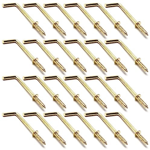 MroMax 50 ganci a vite in oro da 3,8 cm, ganci a forma di L, in acciaio al carbonio, 1 forma ad angolo retto, placcati in ottone, ganci a vite a 7 forme, gancio autofilettante per casa, posto di