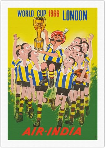1966 World Cup London England - Air India - Maharajah Soccer Player - Vintage Airline Travel Poster by Umesh Rao c.1960s - Fine Art Rolled Canvas Print 27in x 40in