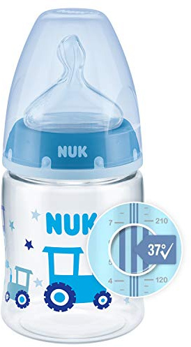 Nuk First Choice+ Trinkflasche, 0-6 Monate, Temperaturkontrolle, Anti-Kolik-Ventil, Silikonsauger, BPA-frei, blauer Traktor, 150 ml