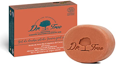 Dr. Tree Gel Sólido Junior, Piel Sensible, Refuerza el Microbioma, 99.7% Ingredientes Naturales, Aceite y Manteca de Cacao, Vegano, Sin Sulfatos SLE, SLS, Sin parabenos, Sin siliconas, 75gr