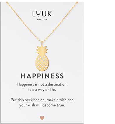 LUUK LIFESTYLE Collier filigrane avec pendentif ananas et carte HAPPINESS, acier inoxydable, bijoux port quotidien, chaîne de l'amitié, or