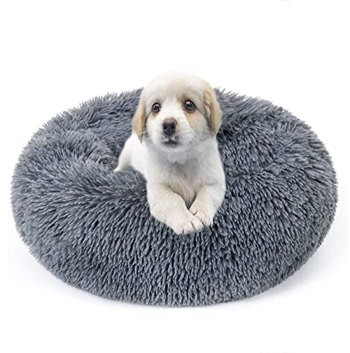 Huifengjie Hundebett, Katzenbett, Rundes Plüsch Kuschelbett, Maschinenwaschbar, Anti-Stress, Gemütliches Haustierbett, Rutschfester Bettboden, Ø 60cm dunkelgrau