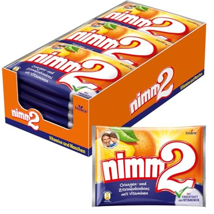 nimm2, Orange- & Zitrone-Fruchtbonbons - 20 x 240 g | Gefüllte Bonbons in 2 fruchtigen Sorten mit Fruchtsaft & Vitaminen, einzeln verpackte Süßigkeit, zum Naschen & Teilen