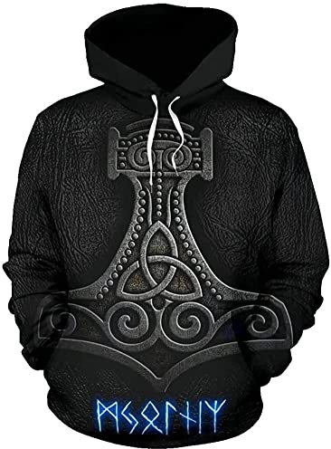Men's Viking Hoodie, Odin Thor's Hammer Rune 3D printed pullover, Harajuku style Christmas couple outfit (Color : Hoodie, Size : S)