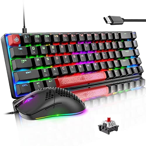 MK14 Teclado y Ratón Mecánico Gaming para PC, TKL Compacto con Cable USB-C, Mouse 12000 dpi Honeycomb Iluminado, Diseño Ergonómico, Compatible con Laptop, Mac y Linux - Negro (Interruptores Rojos)