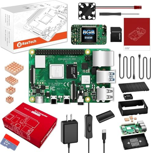 RasTech Raspberry Pi 4 8GB Starter Kit with Pi4 8GB Board,with 32GB Card 4 Copper Heatsink 2 Micro HD Out Cable 5V 3A Power Supply with ON/Off Case Cooling Fan Card Readers Screwdriver