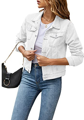 Women's Solid Color Basic Button Denim Jacket with Pockets, Casual Denim Jacket Top (A-White, L)