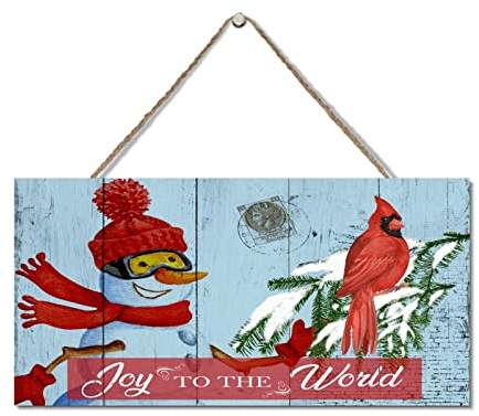 Schilder Happy Winter Schneemann mit Besen Kardinal Vogel Hängeschild 15,2 x 30,5 cm Joy to the World Holzschild Bauernhaus Schild Palettenschild Personalisiertes Zitat Schild