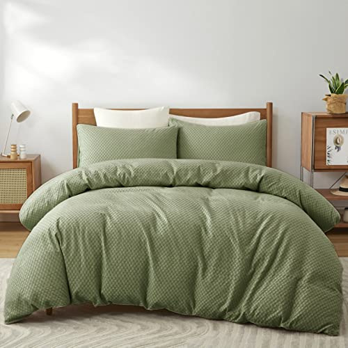 Coastline Stylish Ruched crinkle Square Allover White Quilt duvet cover with pillow case bedding set,Single/Double/King/Superking (Olive green, Superking)
