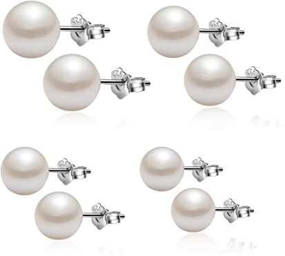 LEEQ Perlenohrringe(5/6/8/10/mm),Perlenohrringe,Weiße Perlen Ohrstecker,Damen Ohrstecker,Perlen Ohrringe Damen,Perlenohrstecker mit echten Perlen,Ohrringe Set für Damen Mädchen(4 Paar)